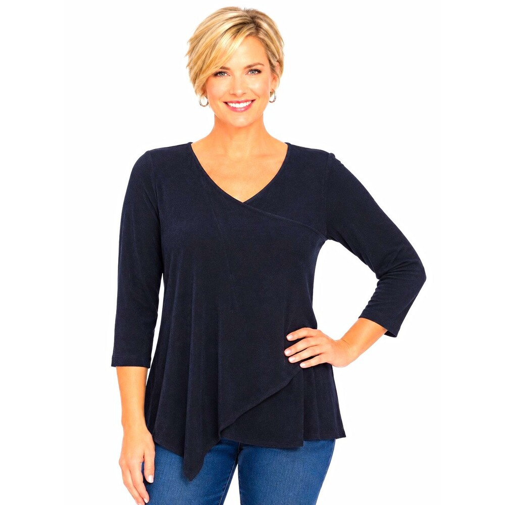 Travelers by Chico's Womens Top 1 (M ) Black V-Neck 3/4 Slv Stretch Asym hem